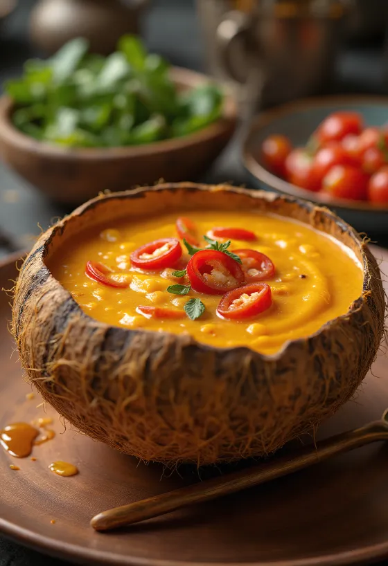 Sos picant de chili cu lapte de cocos într-un bol, cu coriandru proaspăt și felii de chili