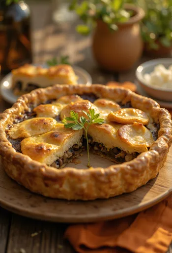 Plăcintă vegană cremoasă cu ciuperci tăiată felii