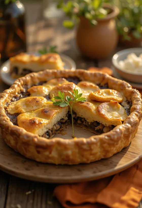 Plăcintă vegană cremoasă cu ciuperci tăiată felii