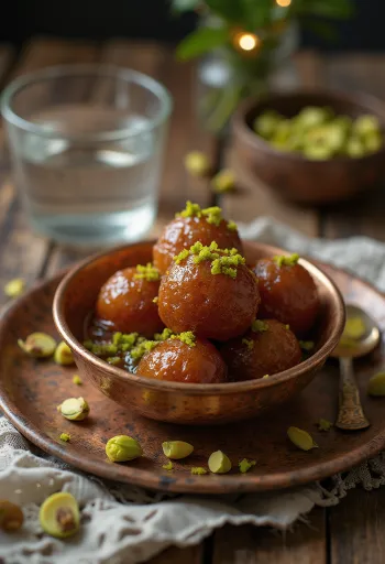 Gulab Jamun cu fistic, servit în sirop de apă de trandafiri.