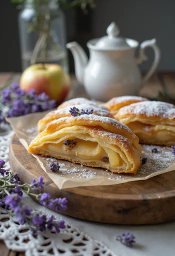 Ștrudel cu lavandă proaspăt copt, presărat cu zahăr pudră