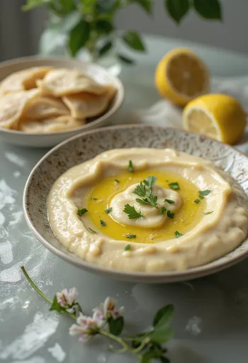 Sos tahini cu lămâie servit cu pită și legume la grătar