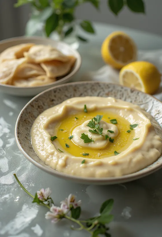 Sos tahini cu lămâie servit cu pită și legume la grătar