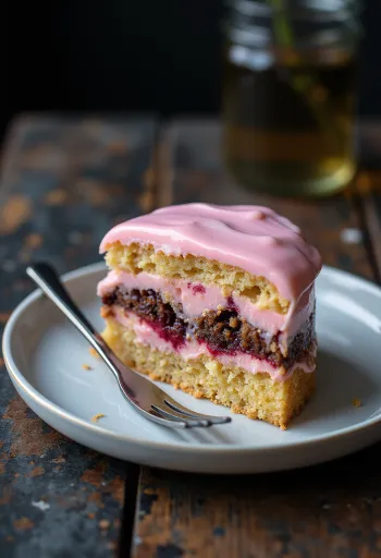 Prăjitură Punch colorată, cu glazură roz și straturi moi de pandișpan