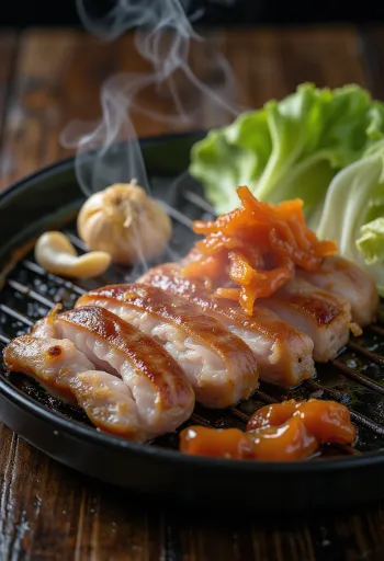 Samgyeopsal servit cu frunze de salată și kimchi