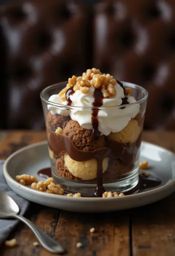 Somlói galuska stratificată cu pișcot pufos, cremă de vanilie și sos de ciocolată