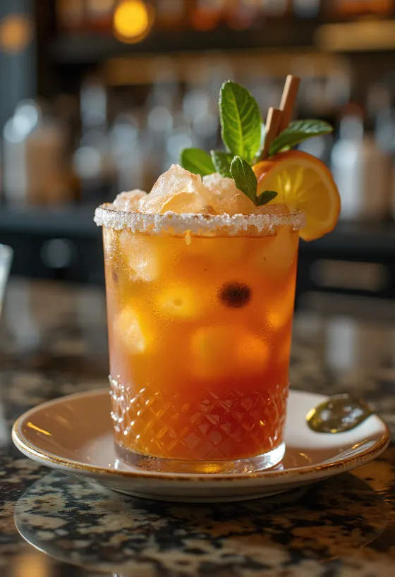 Cocktail Zombie decorat cu frunze de mentă și felie de portocală