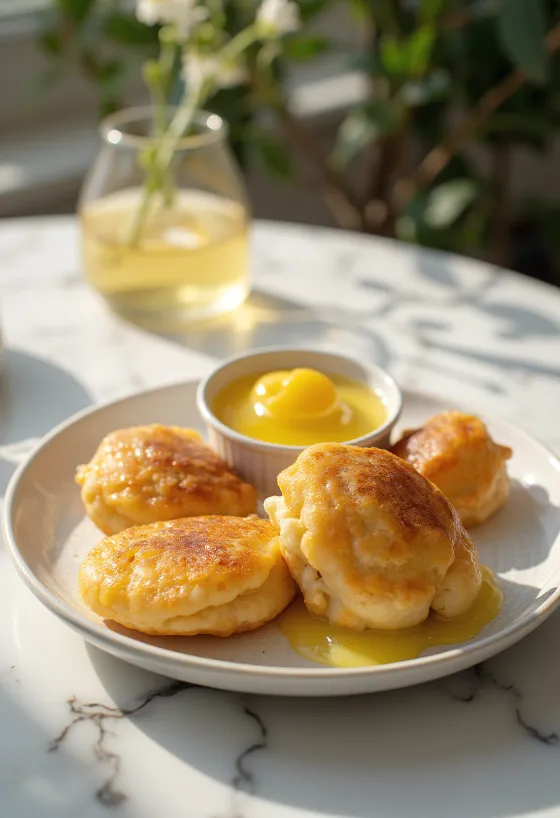 Æbleskiver cu cremă de lămâie, sfere proaspete și pufoase, decorate cu sos de lămâie