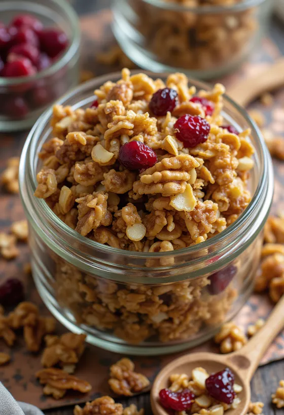 Granola de casă cu fulgi de ovăz crocanți, semințe și fructe uscate