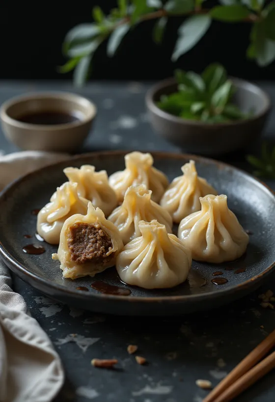 Jiaozi chinezesc cu vită fiert, servit pe farfurie de porțelan, tăiat, umplutura vizibilă