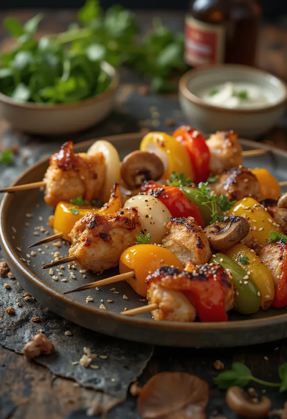Kushiyaki yakitori frigărui mixte cu legume și carne, servite cu semințe de susan și ceapă verde proaspătă