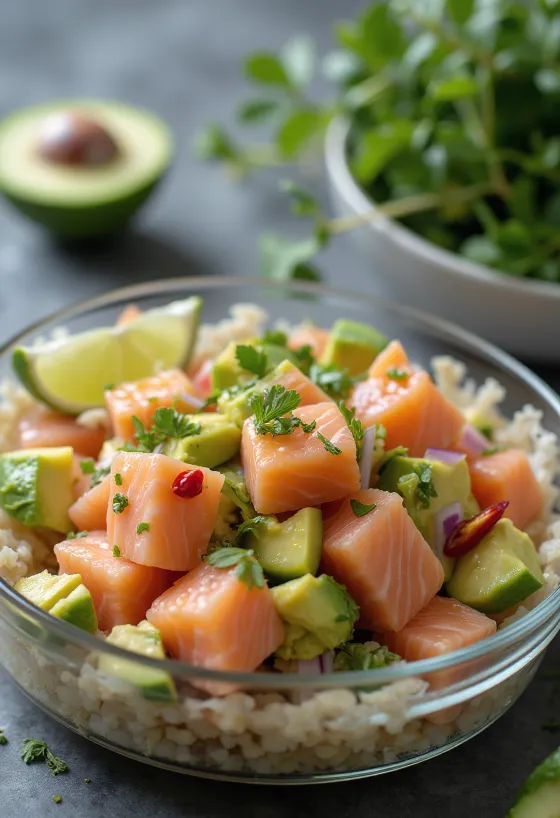 Lomi salmon cu avocado, mâncare proaspătă și sănătoasă
