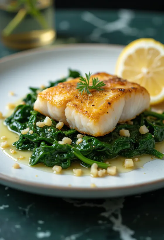 Pește prăjit cu spanac și usturoi servit