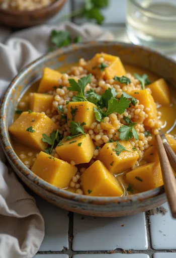 Wok de dovleac și quinoa cu tofu, curry și tahini servit