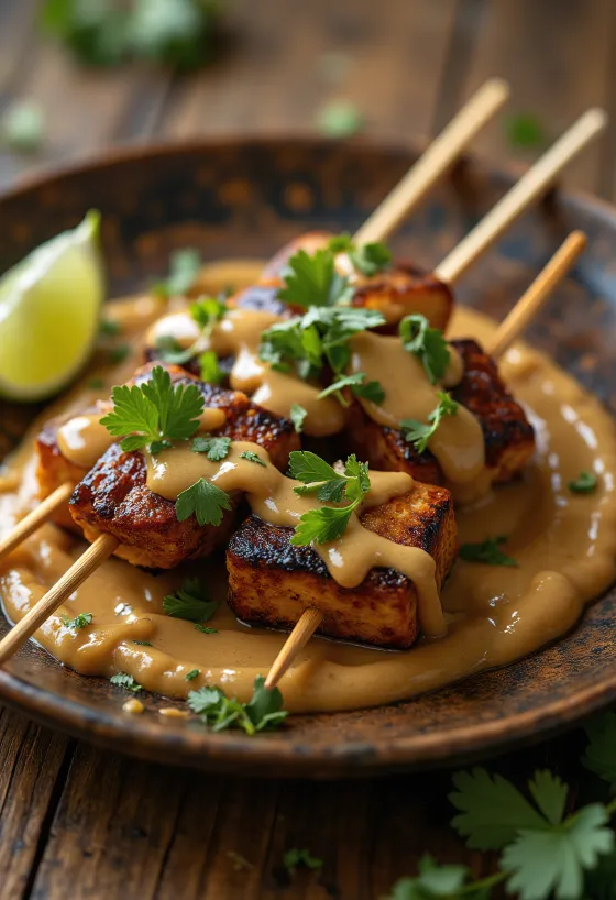 Satay de tempeh cu sos de arahide, frigărui de tempeh la grătar servite cu sos de arahide