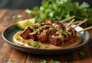 Satay de tempeh cu sos de arahide, frigărui de tempeh la grătar servite cu sos de arahide