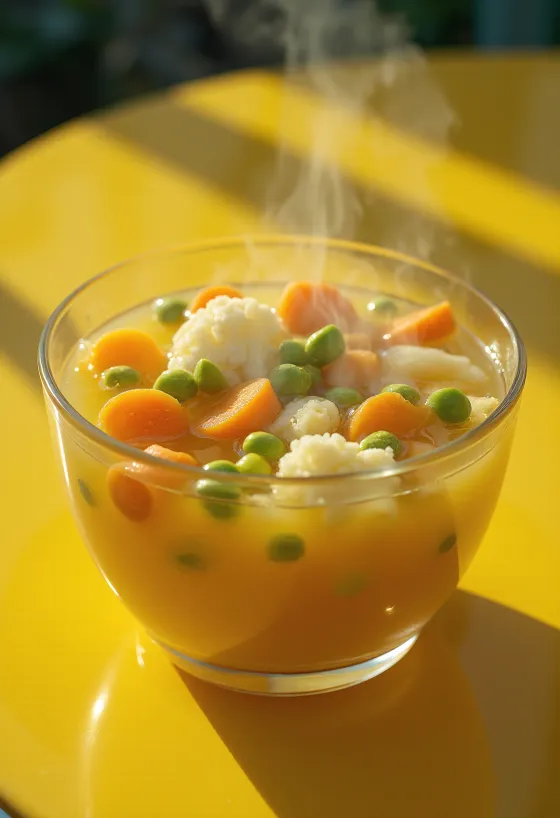 Supă de legume proaspătă servită cu morcovi, țelină și pătrunjel