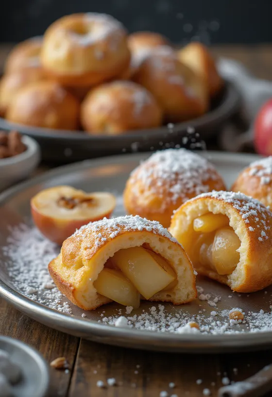 Æbleskiver cu umplutură de mere și scorțișoară, coapte auriu, pudrate cu zahăr
