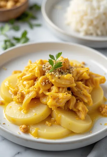 Ají de gallina fără ouă, pui cu sos galben cremos, servit cu orez și cartofi