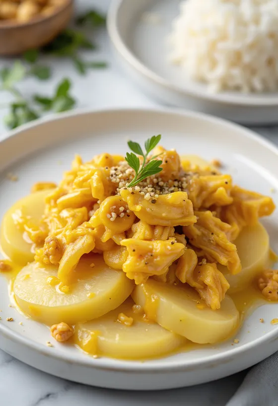 Ají de gallina fără ouă, pui cu sos galben cremos, servit cu orez și cartofi