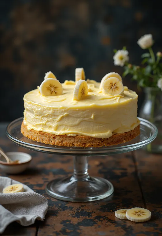 Tort cu cremă de banane și frișcă decorat cu felii de banane