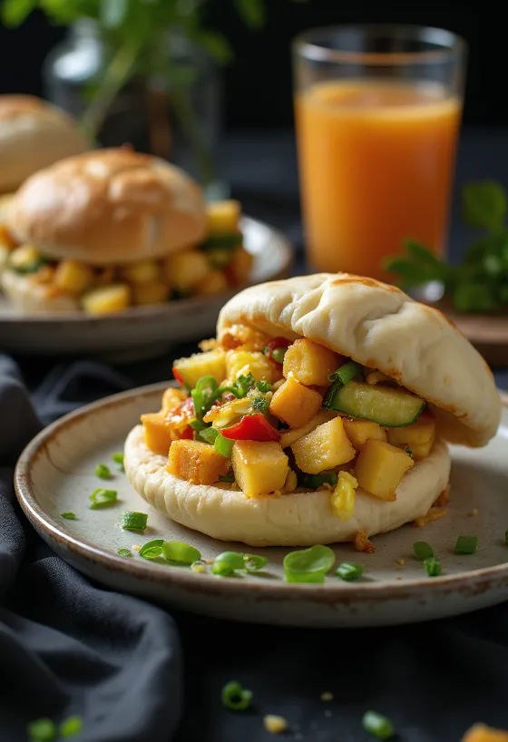 Aluat bao cu legume prăjite, gătit la abur, servire simplă