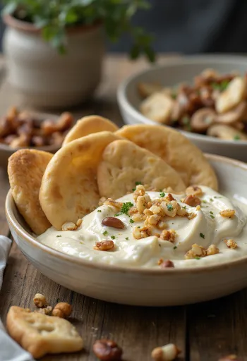 Fatteh cu tahini, bucăți de pită prăjită, năut, iaurt cu tahini și semințe de pin prăjite.