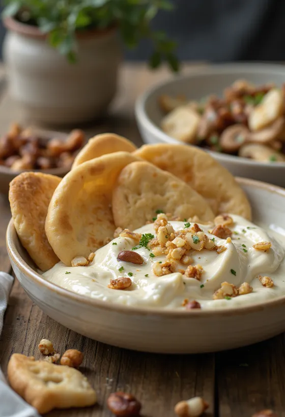 Fatteh cu tahini, bucăți de pită prăjită, năut, iaurt cu tahini și semințe de pin prăjite.