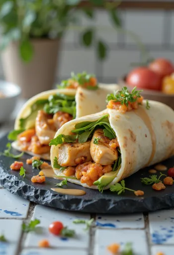 Wrap fusion umplut cu kimchi, avocado, pui la grătar și ardei copt
