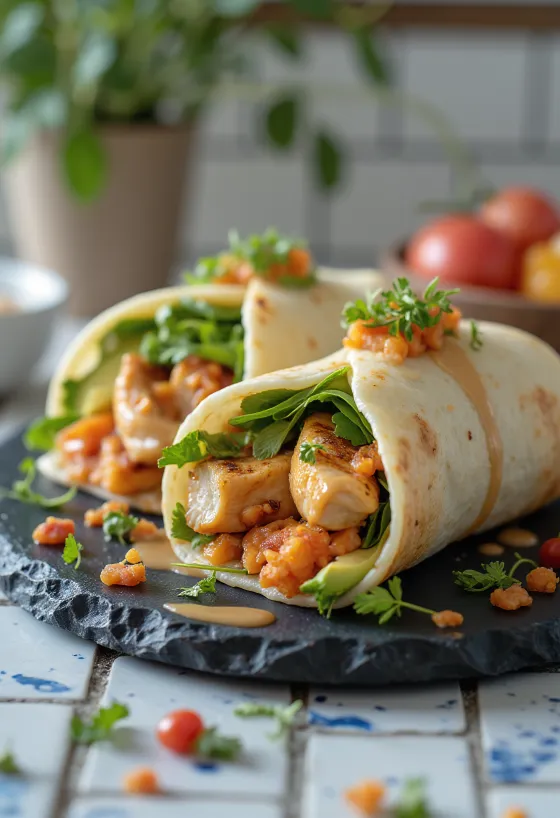 Wrap fusion umplut cu kimchi, avocado, pui la grătar și ardei copt