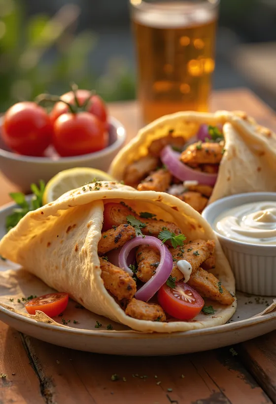 Carne gyros proaspăt prăjită în pită, servită cu legume și sos de iaurt