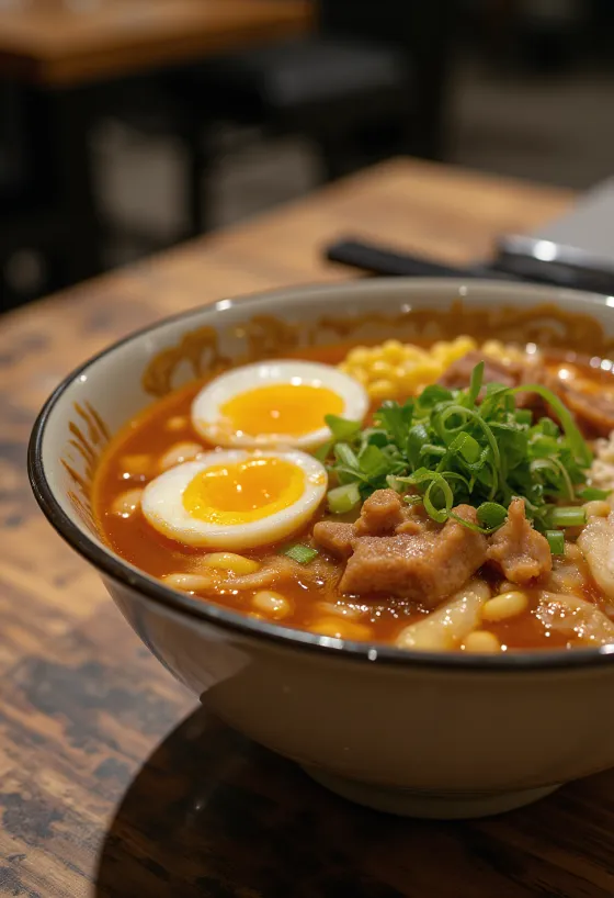 Miso ramen cu carne tocată, ou fiert și legume