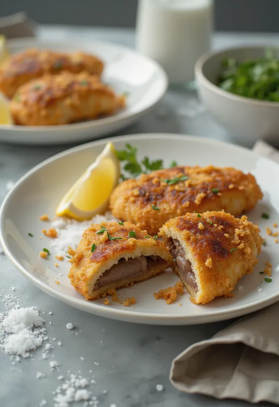 Ficat de porc pane crocant prăjit auriu, servit cu salată proaspătă