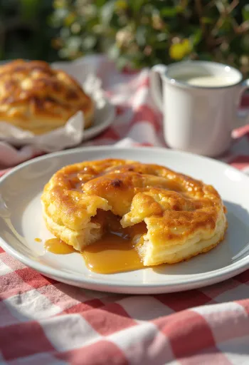 Æbleskiver umplute cu cremă de caramel, coapte auriu, pudrate cu zahăr