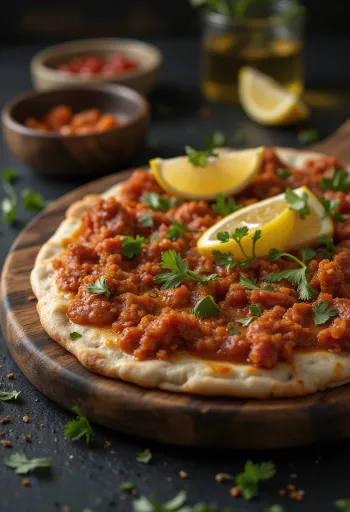 Lahmacun picant, servit cu aluat proaspăt și umplutură de carne condimentată