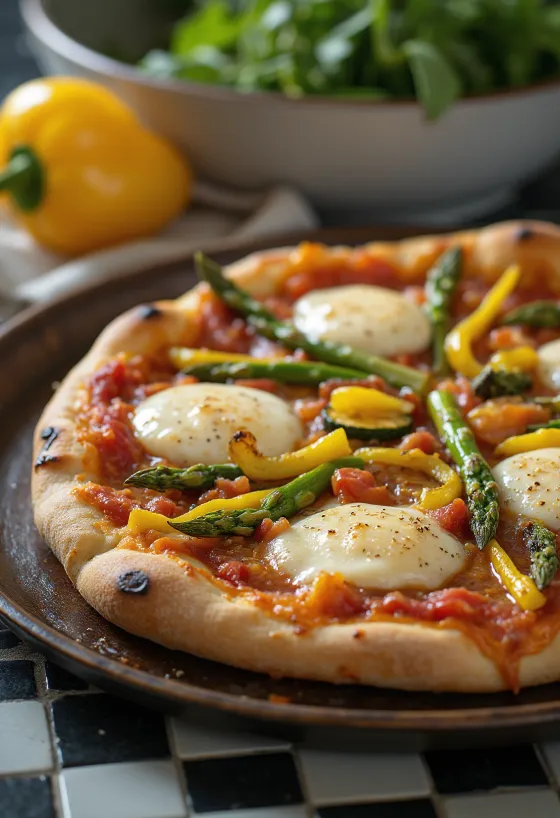Pizza Primavera cu legume de primăvară și busuioc