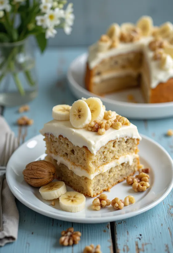 Tort cremos cu banane și nuci decorat cu rondele de banane proaspete și nuci