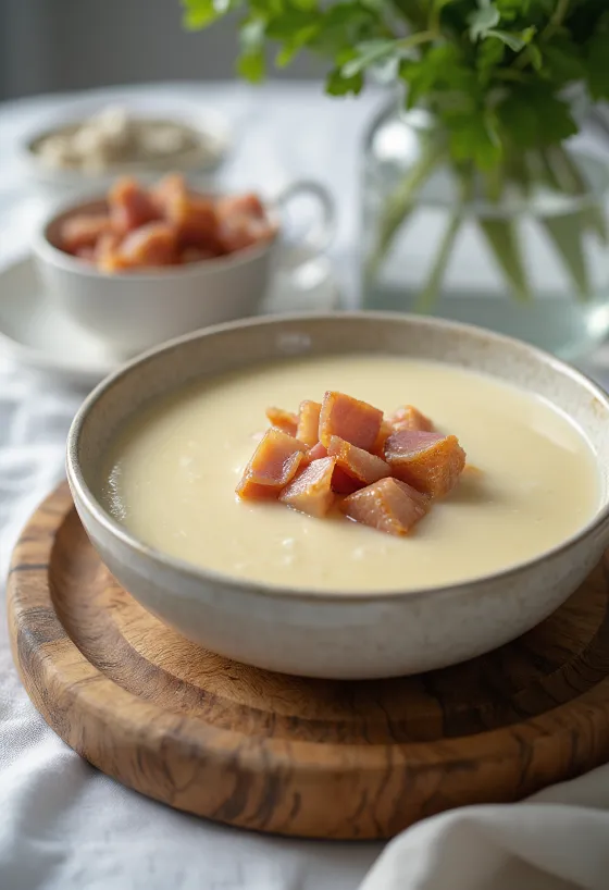 Supă cremă de țelină cu șuncă afumată servită