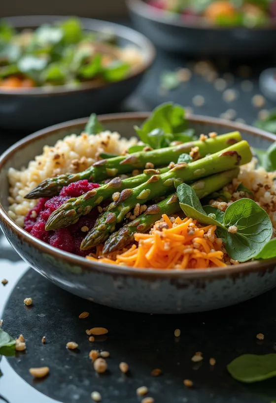 Buddha Bowl cu sparanghel la grătar servit
