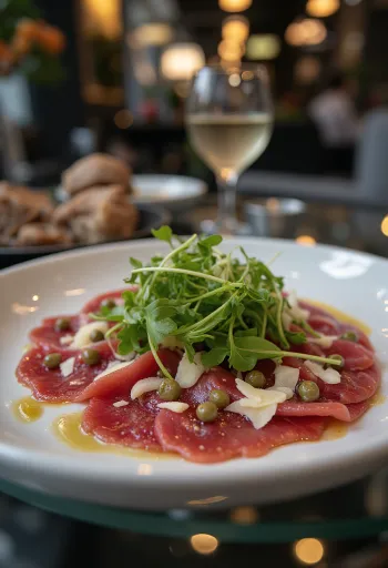 Carpaccio de carne de cal servit cu rucola, parmezan și capere