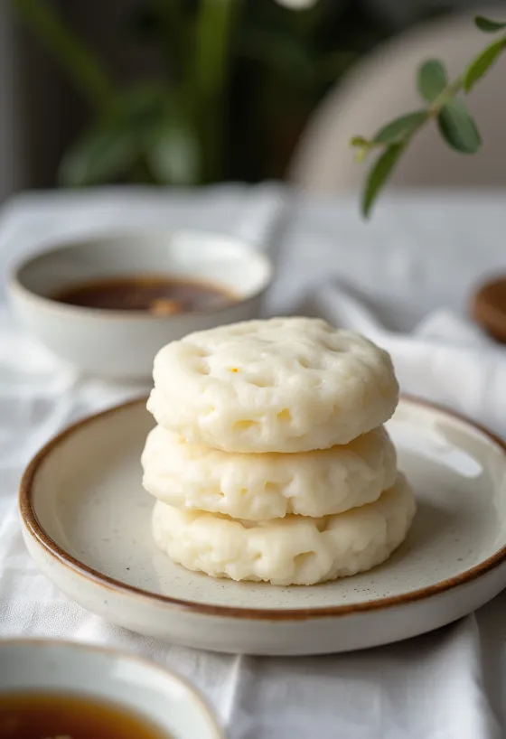 Idli cu orez, proaspăt preparat, servit