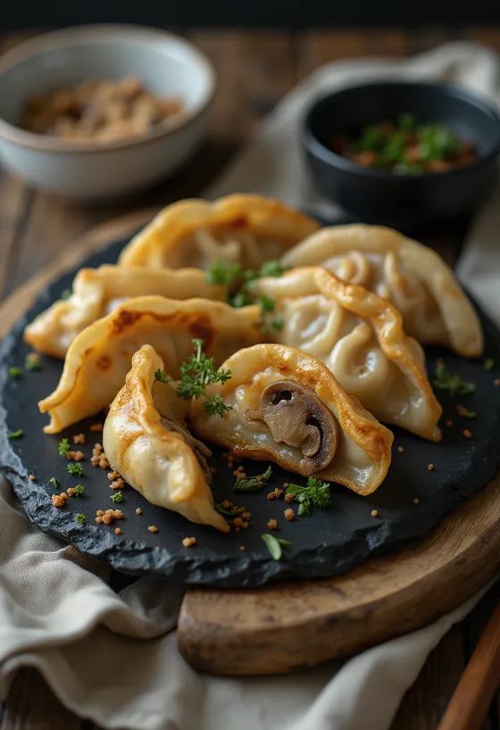 Mushroom Gyoza servit cu sos de soia