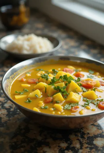 Rasam cu mango verde, servit cu condimente bogate