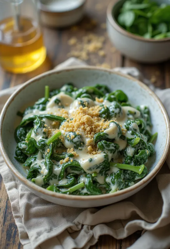 Spanac cu smântână cremos proaspăt gătit, servit pe farfurie albă.