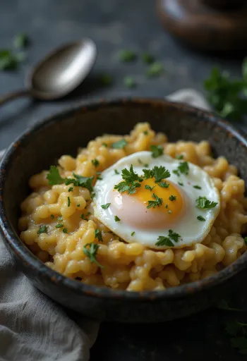 Açorda cu ou poșat, decorat cu coriandru proaspăt, stropit cu zeamă de lămâie