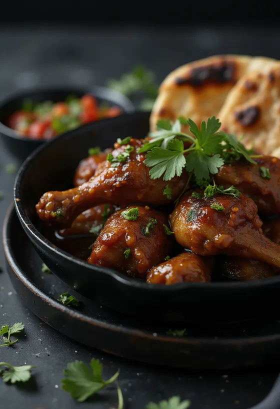 Pui Adobo servit cu pâine naan, în sos delicios condimentat