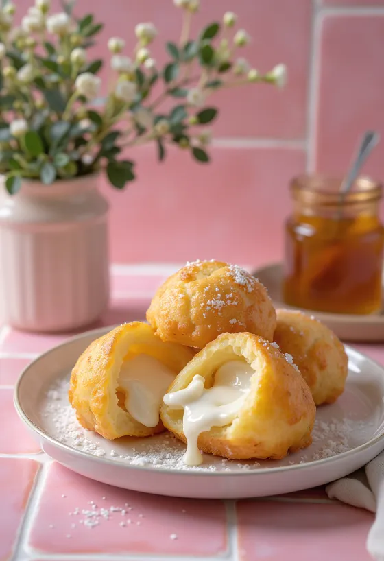 Æbleskiver cu umplutură de ricotta, culoare aurie, servite pudrate cu zahăr