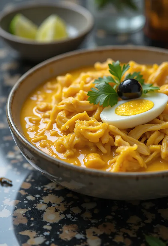 Ají de Gallina fără gluten pui servit cu arahide și chili galben
