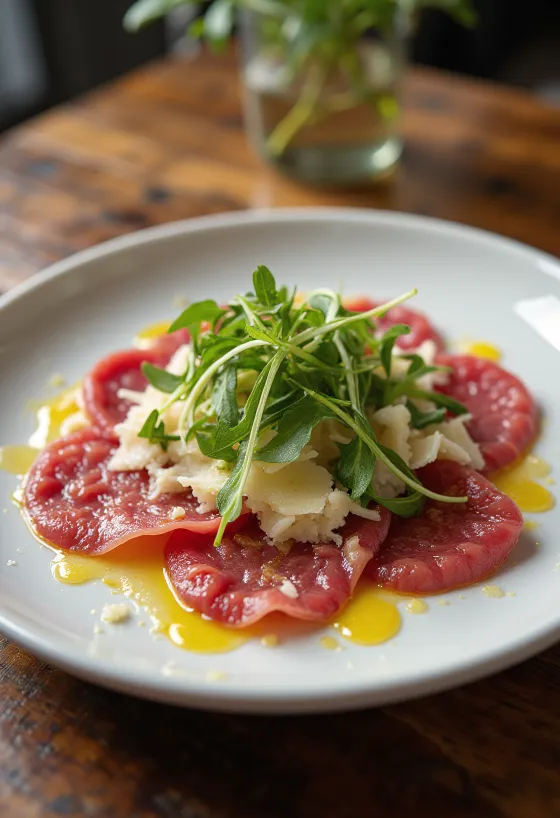 Carpaccio de mușchi de vită servit cu rucola și parmezan