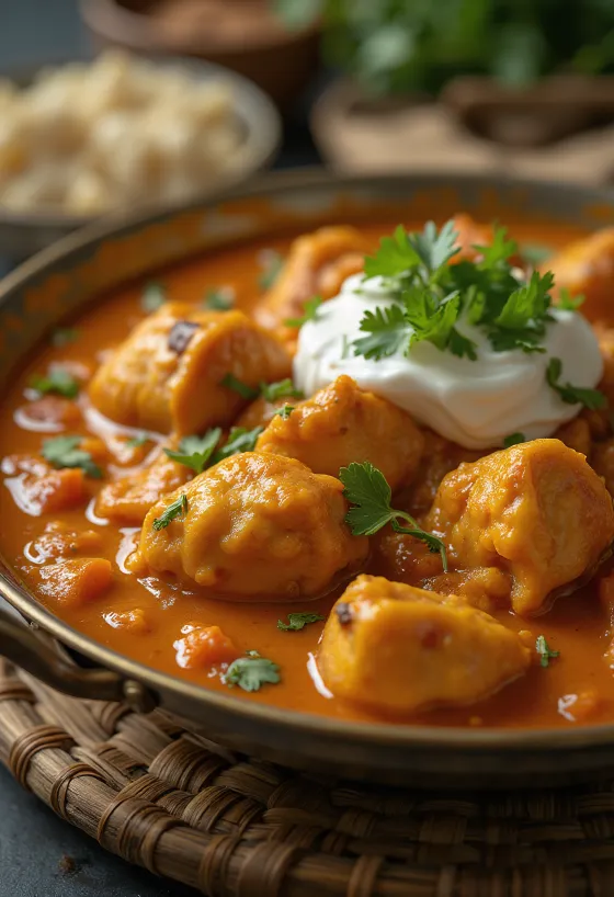 Pui tikka masala în sos cremos de roșii, decorat cu coriandru proaspăt